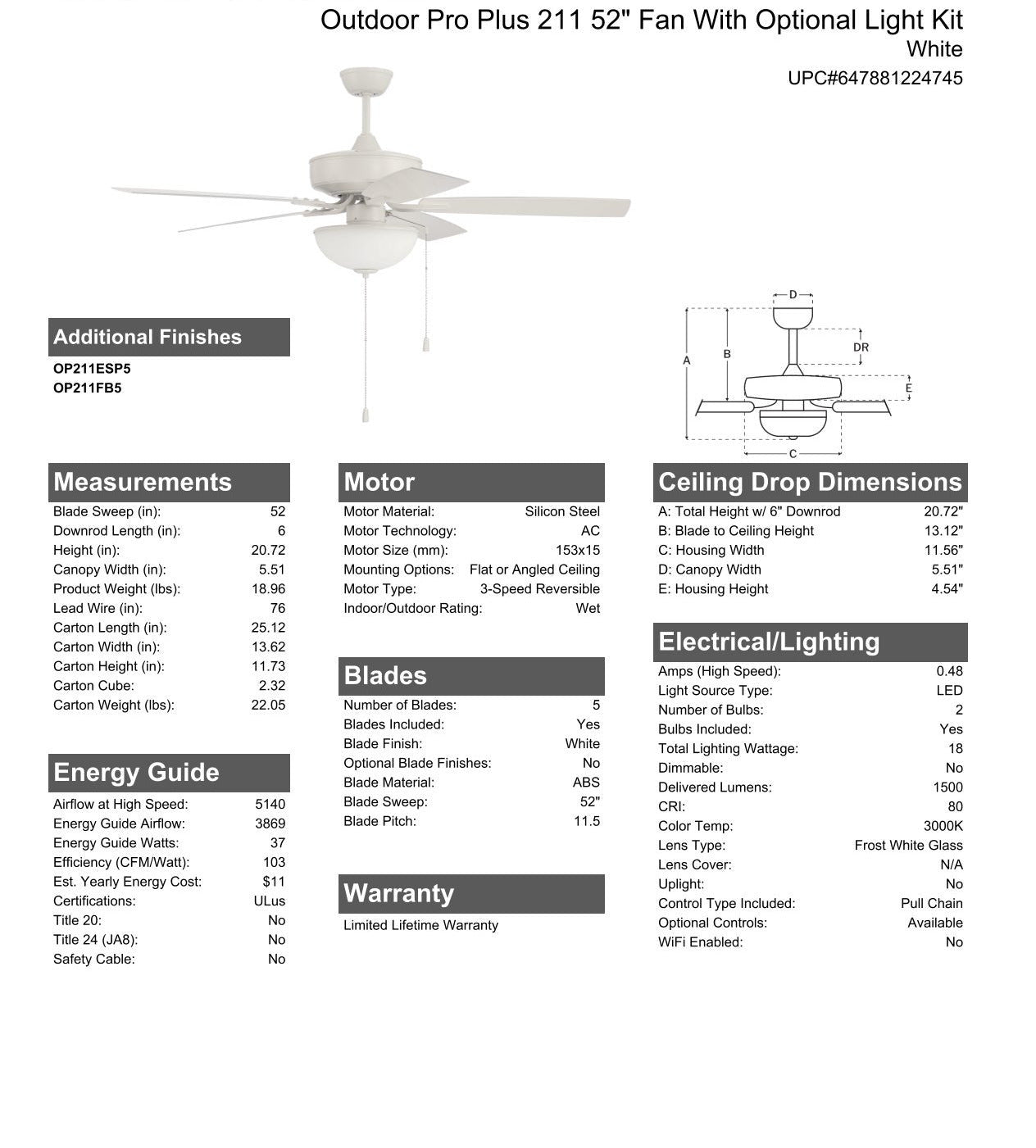 ##Antique Hardware## 52" Outdoor Pro Plus 211 in White w/ Matte White Blades