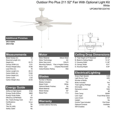 ##Antique Hardware## 52" Outdoor Pro Plus 211 in White w/ Matte White Blades