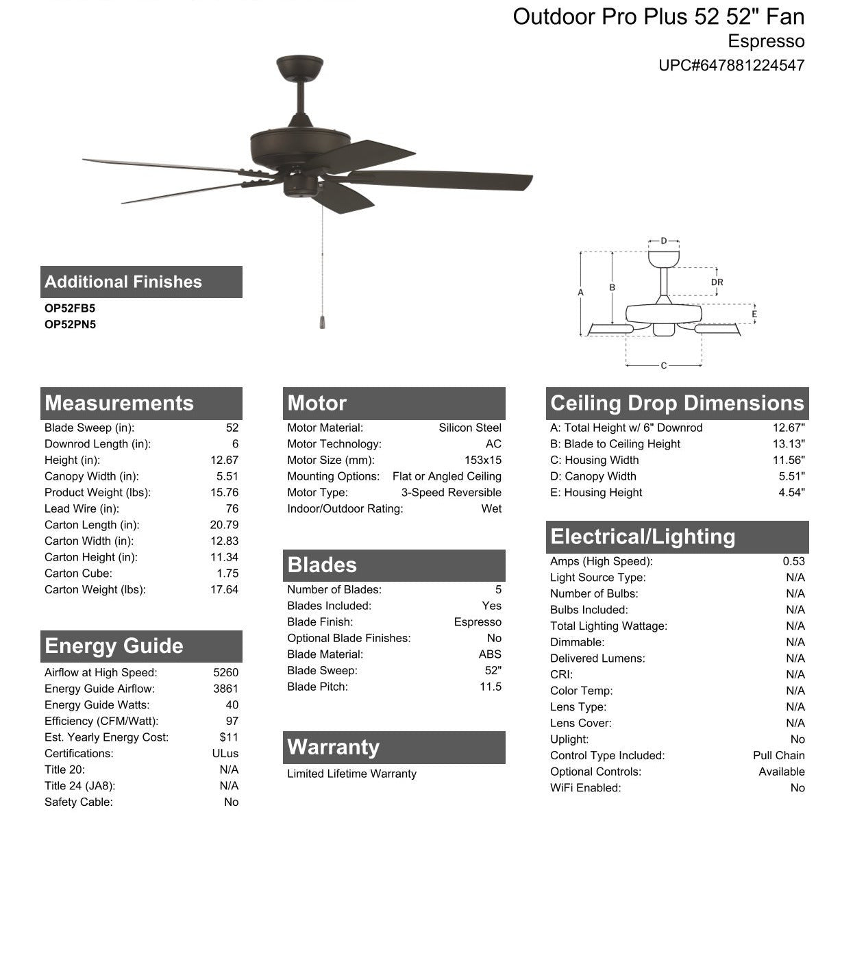 Antique Hardware 52" Outdoor Pro Plus 52 in Espresso w/ Matte Espresso Blades Ceiling Fan