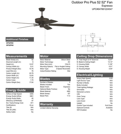 Antique Hardware 52" Outdoor Pro Plus 52 in Espresso w/ Matte Espresso Blades Ceiling Fan