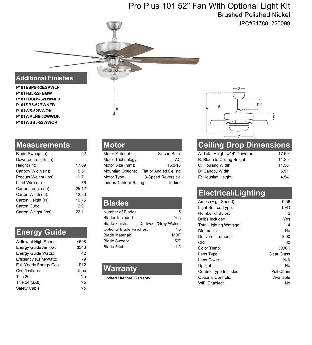 ##Antique Hardware## 52" Pro Plus 101 in Brushed Polished Nickel w/ Driftwood/Grey Walnut Blades