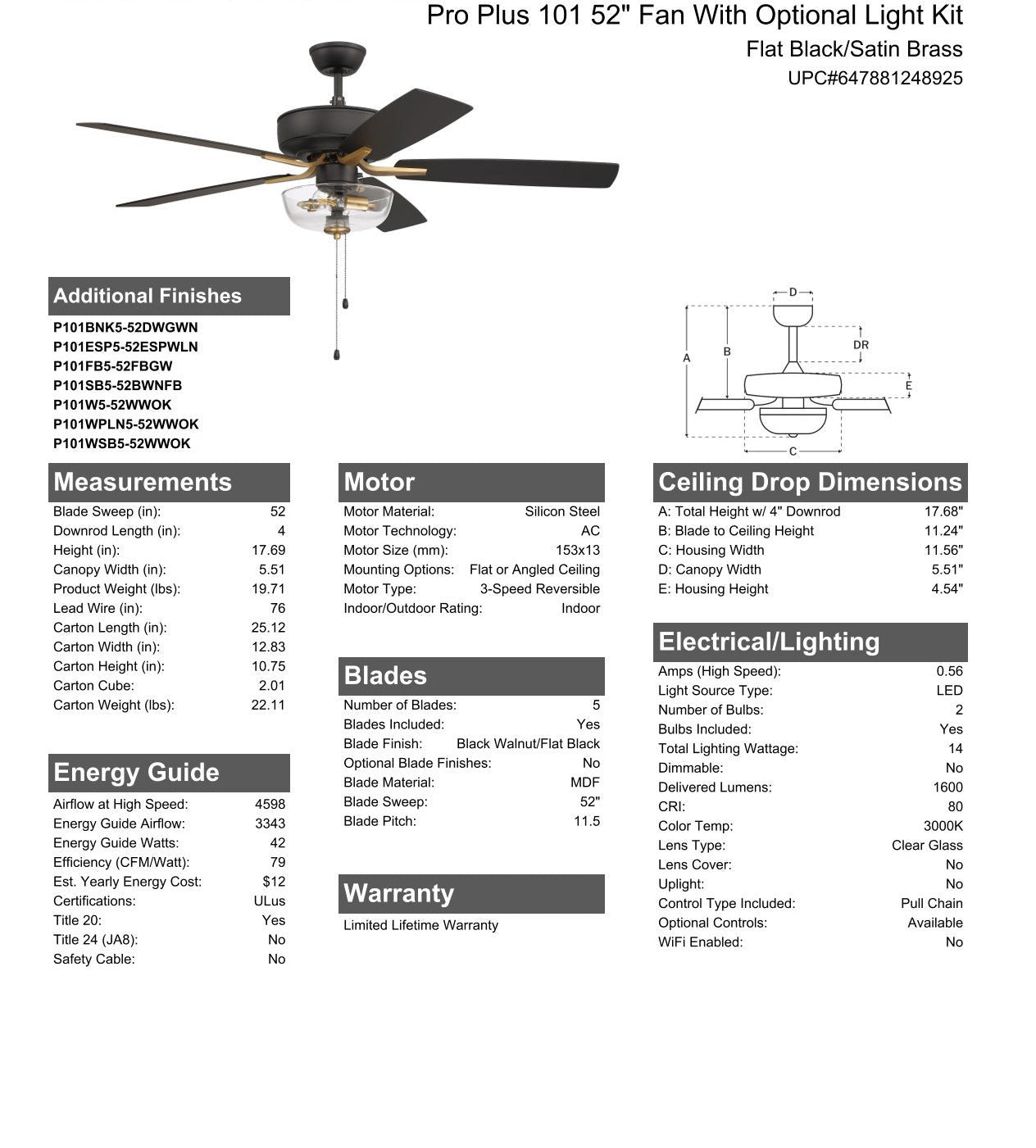 Antique Hardware 52" Pro Plus 101 in Flat Black/Satin Brass w/ Black Walnut/Flat Black Blades Ceiling Fan