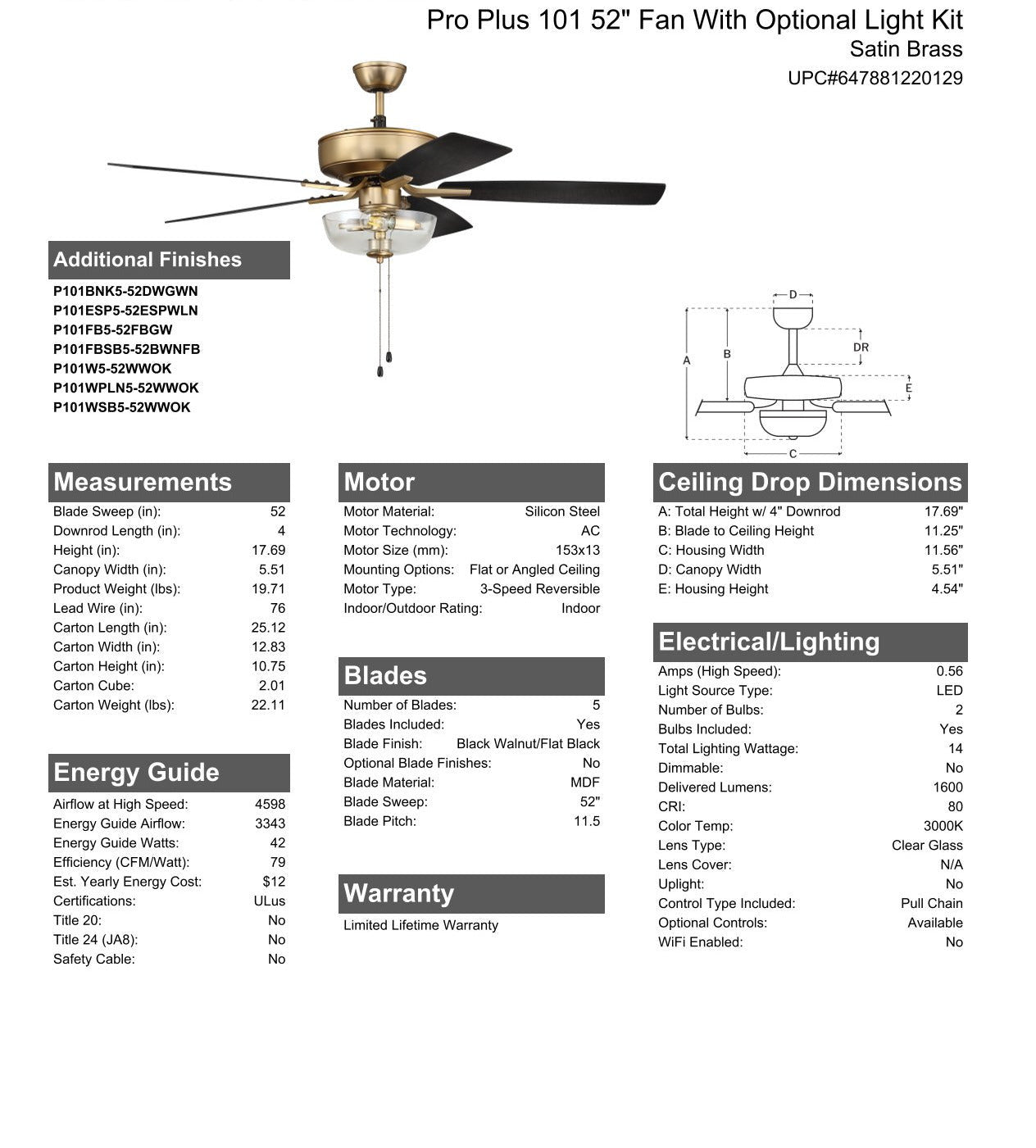 ##Antique Hardware## 52" Pro Plus 101 in Satin Brass w/ Black Walnut/Flat Black Blades