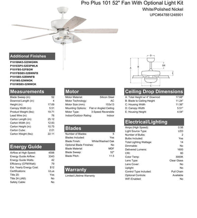 Antique Hardware 52" Pro Plus 101 in White/Polished Nickel w/ White/Washed Oak Blades Ceiling Fan