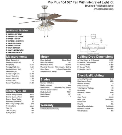 ##Antique Hardware## 52" Pro Plus 104 in Brushed Polished Nickel w/ Driftwood/Grey Walnut Blades