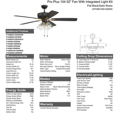 Antique Hardware 52" Pro Plus 104 in Flat Black/Satin Brass w/ White/Washed Oak Blades Ceiling Fan