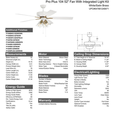 Antique Hardware 52" Pro Plus 104 in White/Satin Brass w/ White/Washed Oak Blades Ceiling Fan