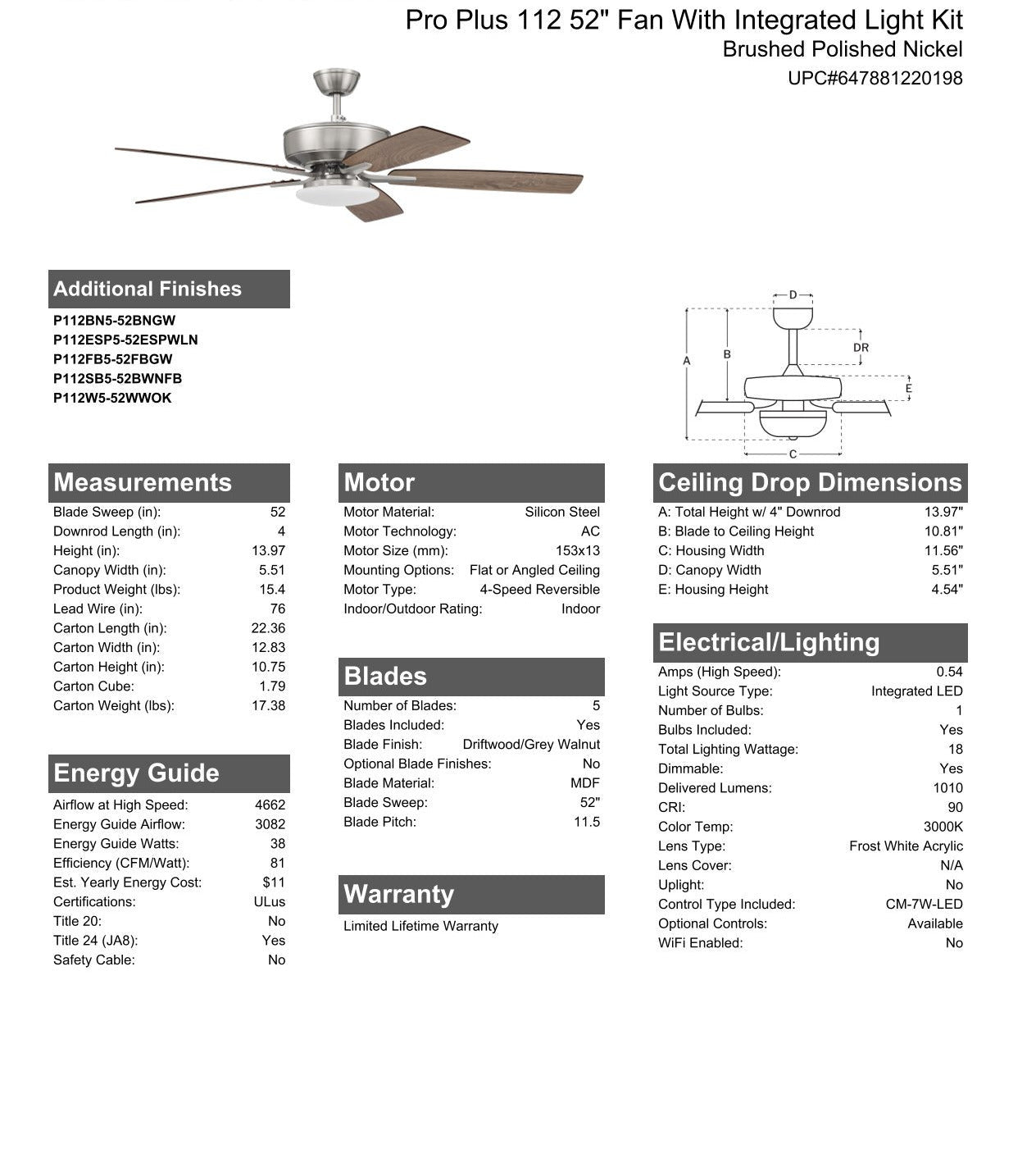 Antique Hardware 52" Pro Plus 112 in Brushed Polished Nickel w/ Driftwood/Grey Walnut Blades Ceiling Fan