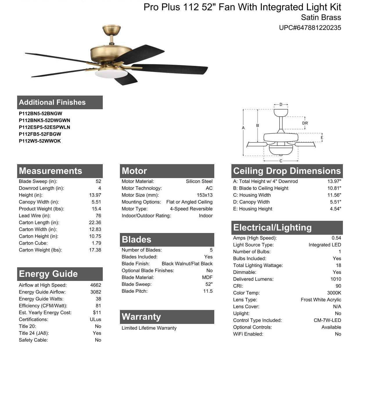 Antique Hardware 52" Pro Plus 112 in Satin Brass w/ Black Walnut/Flat Black Blades Ceiling Fan