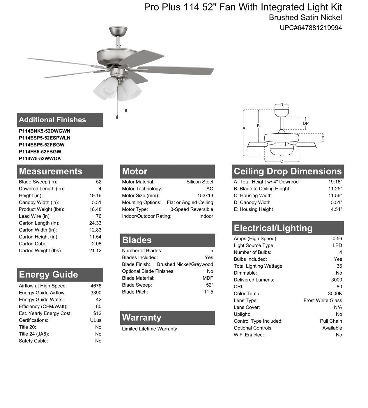 Antique Hardware 52" Pro Plus 114 in Brushed Nickel w/ Brushed Nickel/Greywood Blades Ceiling Fan