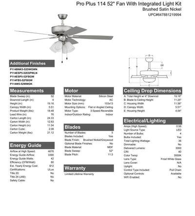 Antique Hardware 52" Pro Plus 114 in Brushed Nickel w/ Brushed Nickel/Greywood Blades Ceiling Fan