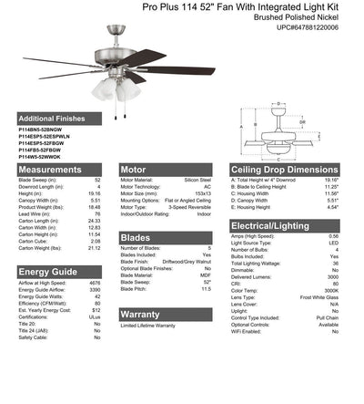 Antique Hardware 52" Pro Plus 114 in Brushed Polished Nickel w/ Driftwood/Grey Walnut Blades Ceiling Fan