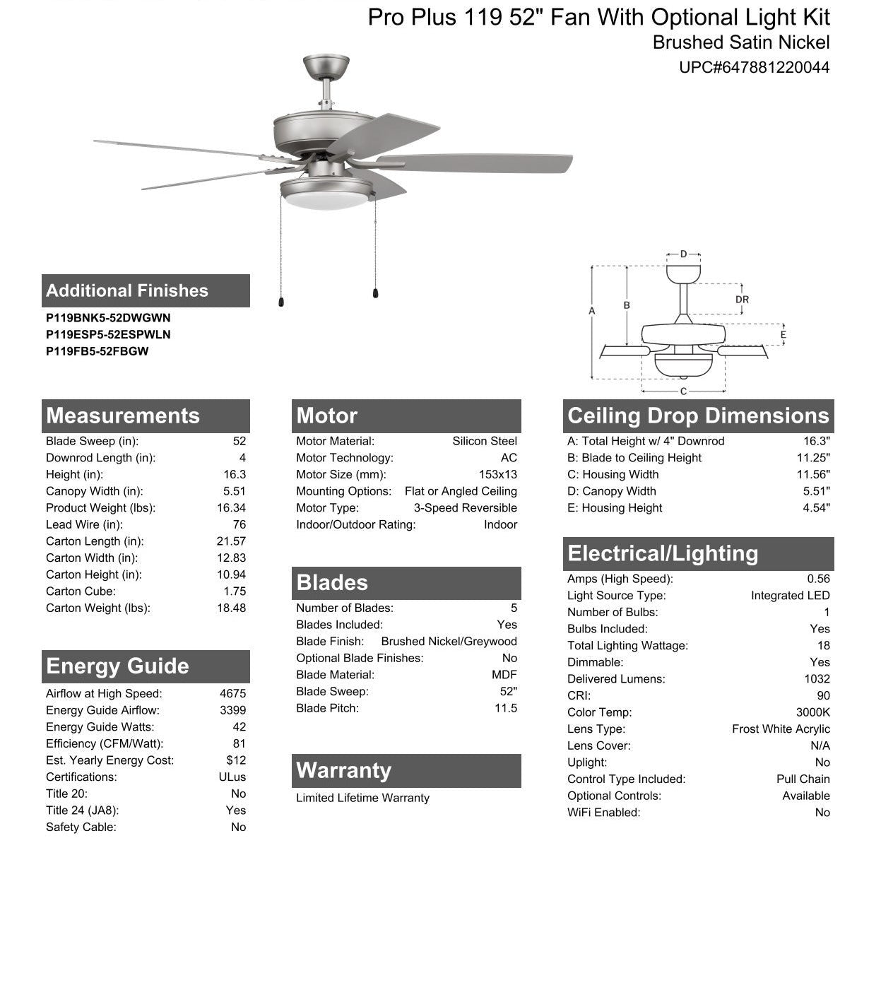 Antique Hardware 52" Pro Plus 119 in Brushed Nickel w/ Brushed Nickel/Greywood Blades Ceiling Fan