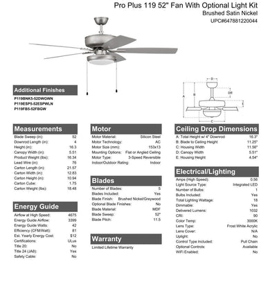 Antique Hardware 52" Pro Plus 119 in Brushed Nickel w/ Brushed Nickel/Greywood Blades Ceiling Fan