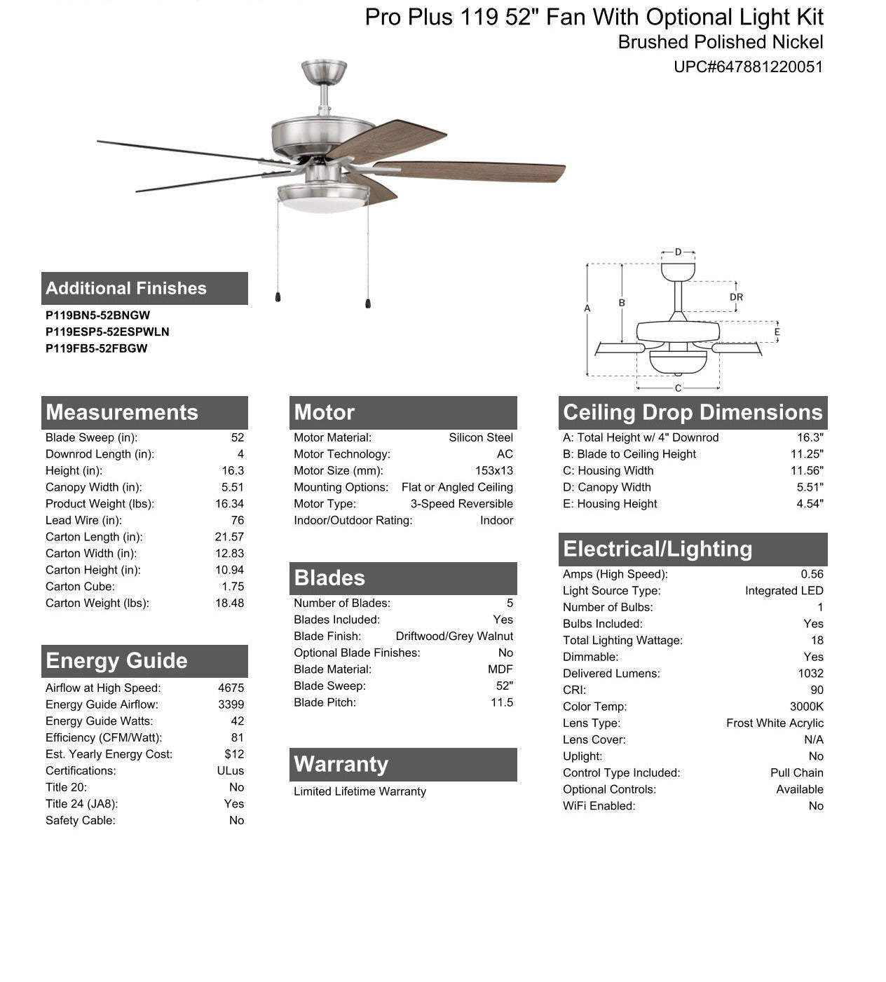 ##Antique Hardware## 52" Pro Plus 119 in Brushed Polished Nickel w/ Driftwood/Grey Walnut Blades