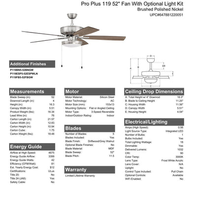 ##Antique Hardware## 52" Pro Plus 119 in Brushed Polished Nickel w/ Driftwood/Grey Walnut Blades