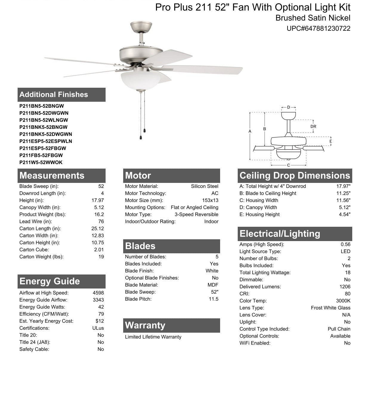 ##Antique Hardware## 52" Pro Plus 211 in Brushed Satin Nickel w/ Walnut/Greywood Blades