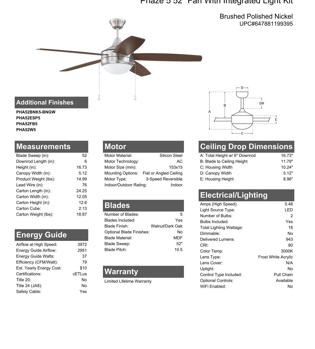 ##Antique Hardware## 52" Phaze 5 in Brushed Polished Nickel w/ Walnut/Dark Oak Blades