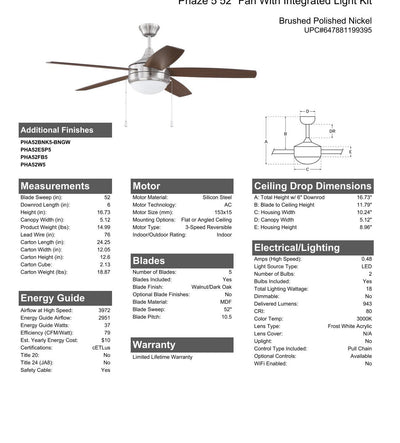 ##Antique Hardware## 52" Phaze 5 in Brushed Polished Nickel w/ Walnut/Dark Oak Blades