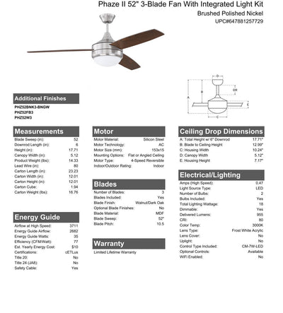 Antique Hardware 52" Phaze II 3-Blade in Brushed Polished Nickel w/ Walnut/Dark Oak Blades Ceiling Fan