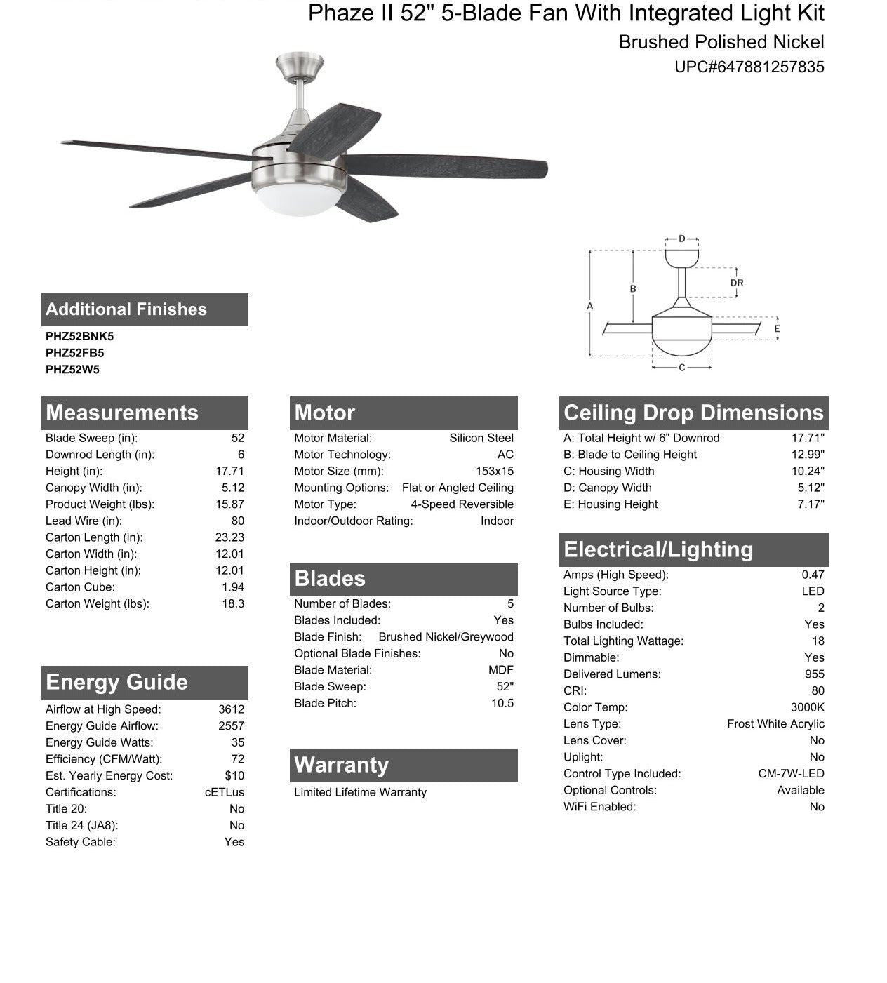 Antique Hardware 52" Phaze II 5-Blade in Brushed Polished Nickel w/ Brushed Nickel/Greywood Blades Ceiling Fan