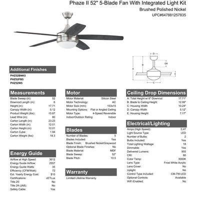 Antique Hardware 52" Phaze II 5-Blade in Brushed Polished Nickel w/ Brushed Nickel/Greywood Blades Ceiling Fan