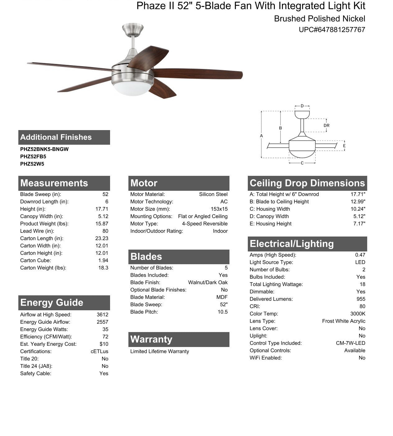 Antique Hardware 52" Phaze II 5-Blade in Brushed Polished Nickel w/ Walnut/Dark Oak Blades Ceiling Fan