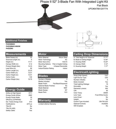 Antique Hardware 52" Phaze II 3-Blade in Flat Black w/ Flat Black/Greywood Blades Ceiling Fan