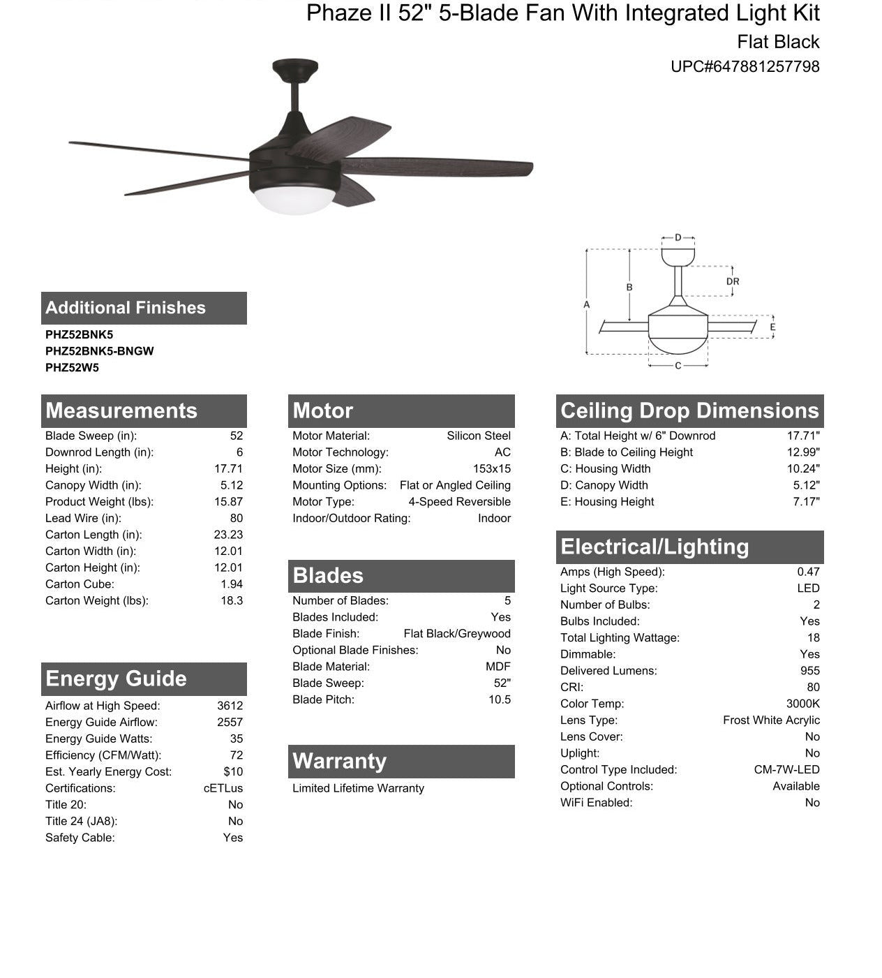 Antique Hardware 52" Phaze II 5-Blade in Flat Black w/ Flat Black/Greywood Blades Ceiling Fan