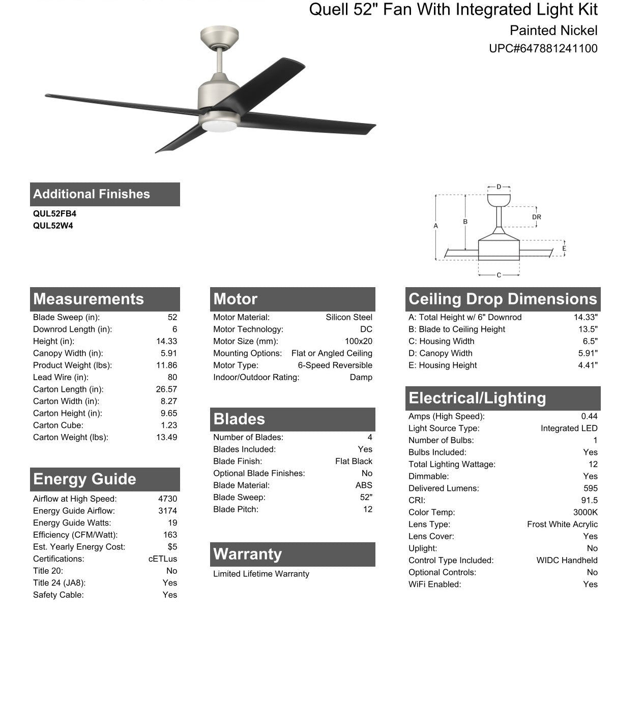 ##Antique Hardware## 52" Quell Fan, Painted Nickel Finish, Flat Black Blades. LED Light, WIFI and Control Included