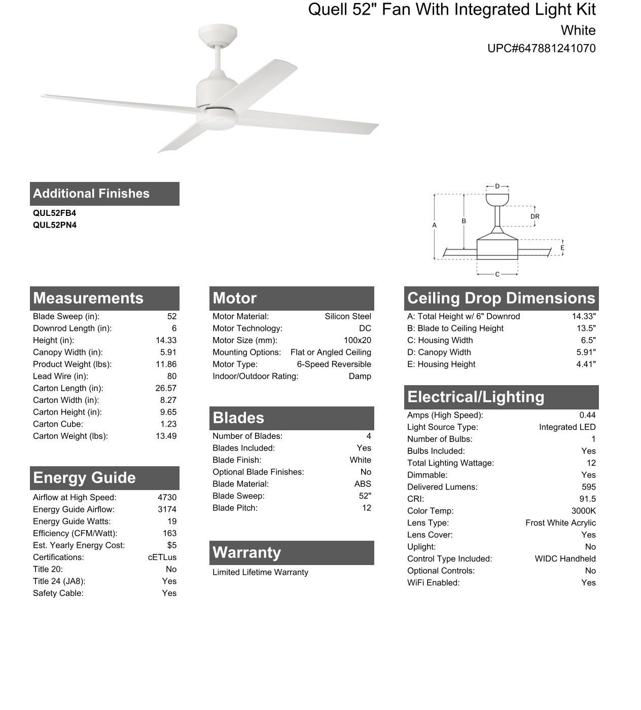 Antique Hardware 52" Quell Fan, White Finish, White Blades. LED Light, WIFI and Control Included Ceiling Fan