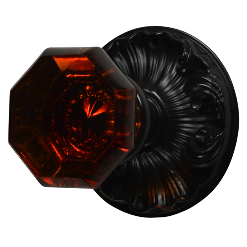 ##Antique Hardware## Romanesque Rosette Door Set with Octagon Amber Glass Door Knobs (Several Finishes Available)