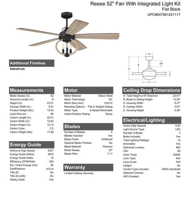 Antique Hardware 52" Reese in Flat Black  w/ Driftwood Blades Ceiling Fan