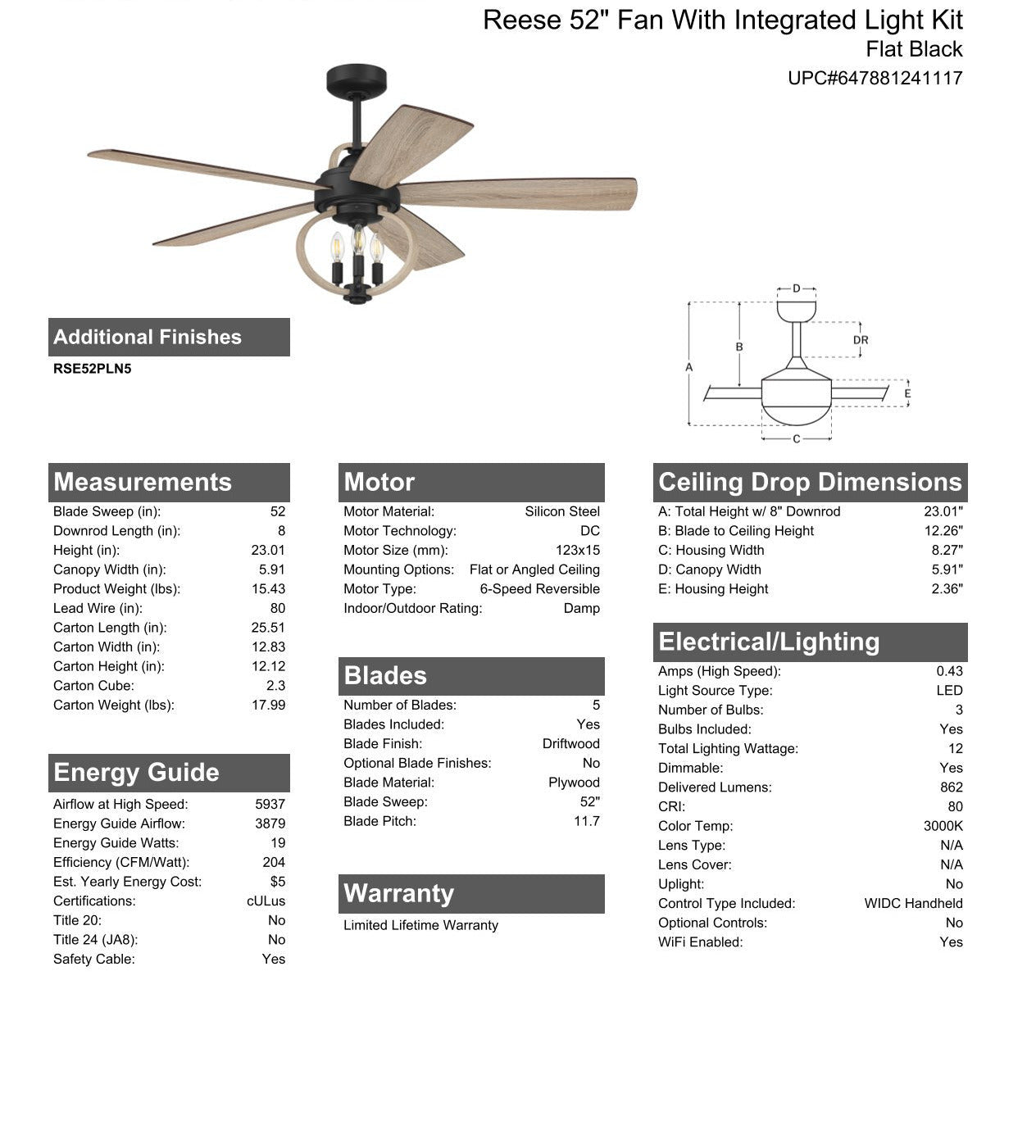 Antique Hardware 52" Reese in Flat Black  w/ Driftwood Blades Ceiling Fan