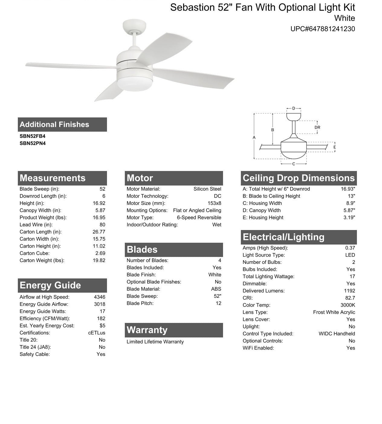 Antique Hardware 52" Sebastion in White w/ White Blades Ceiling Fan