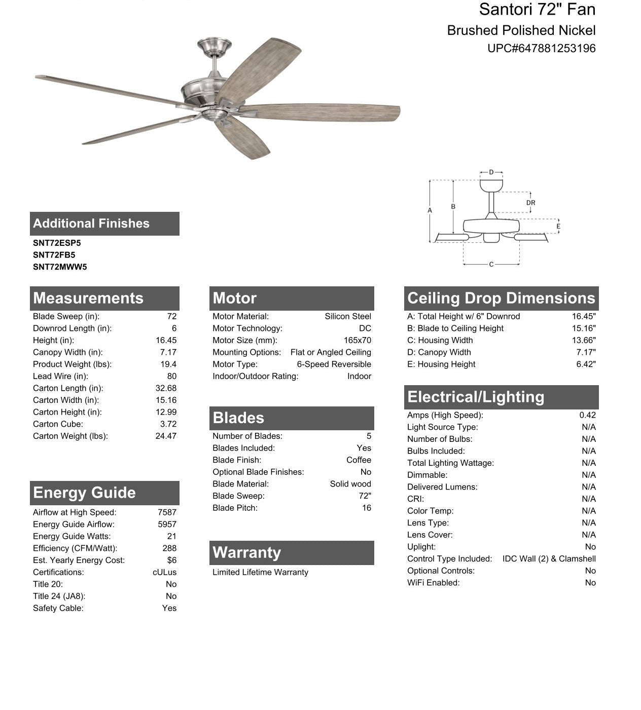 72" Santori in Brushed Polished Nickel w/ Coffee Blades