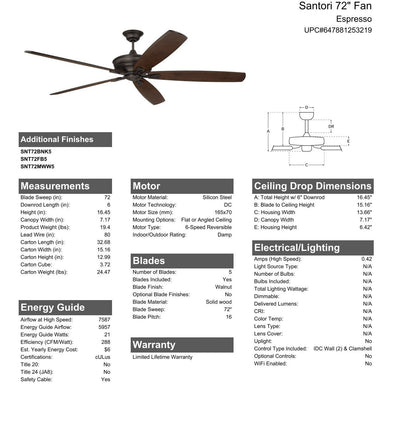 72" Santori Indoor/Outdoor (Damp) in Espresso w/ Walnut Blades