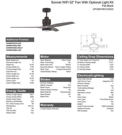 ##Antique Hardware## 52" Sonnet WiFi in Flat Black  w/ Greywood Blades