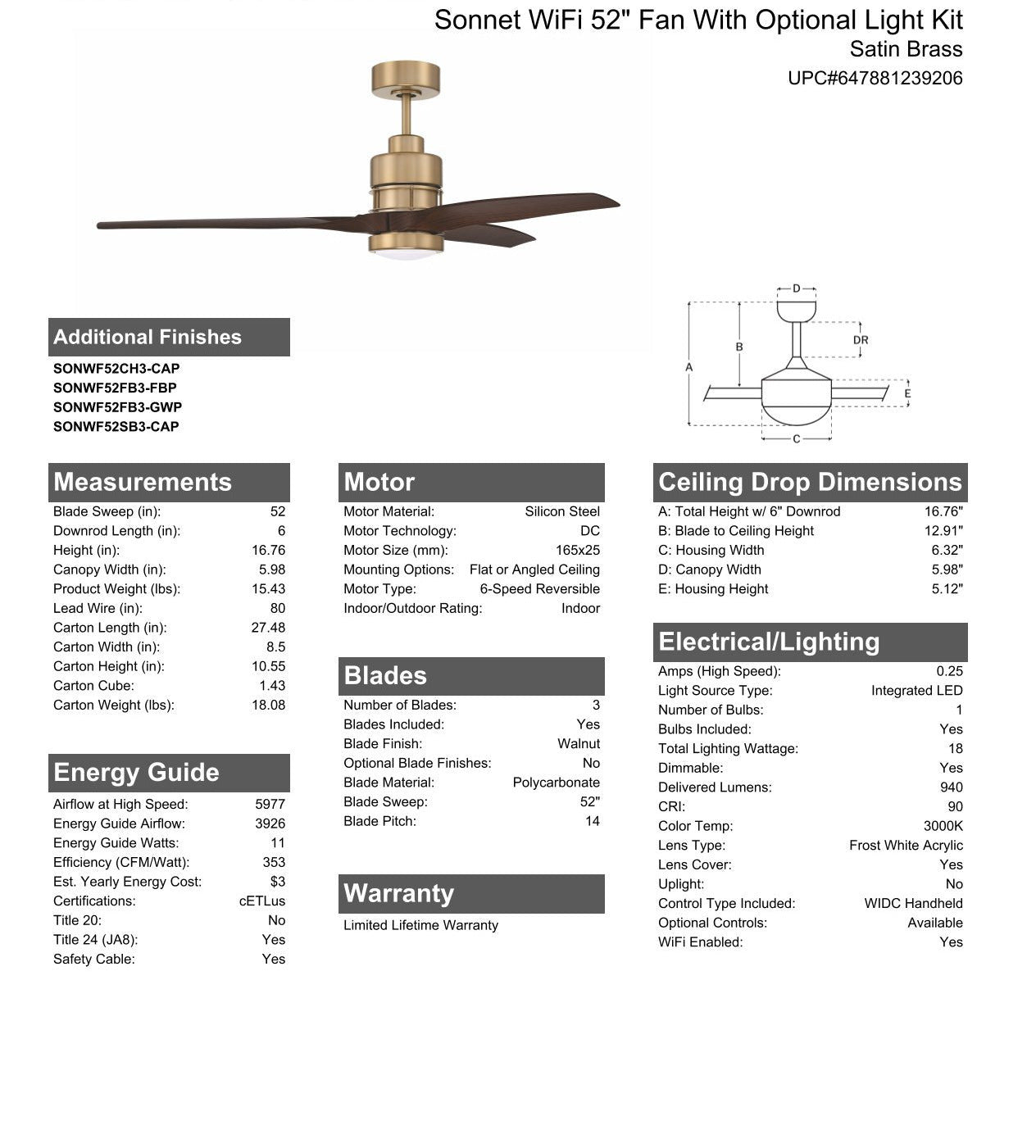 ##Antique Hardware## 52" Sonnet WiFi in Satin Brass w/ Walnut Blades