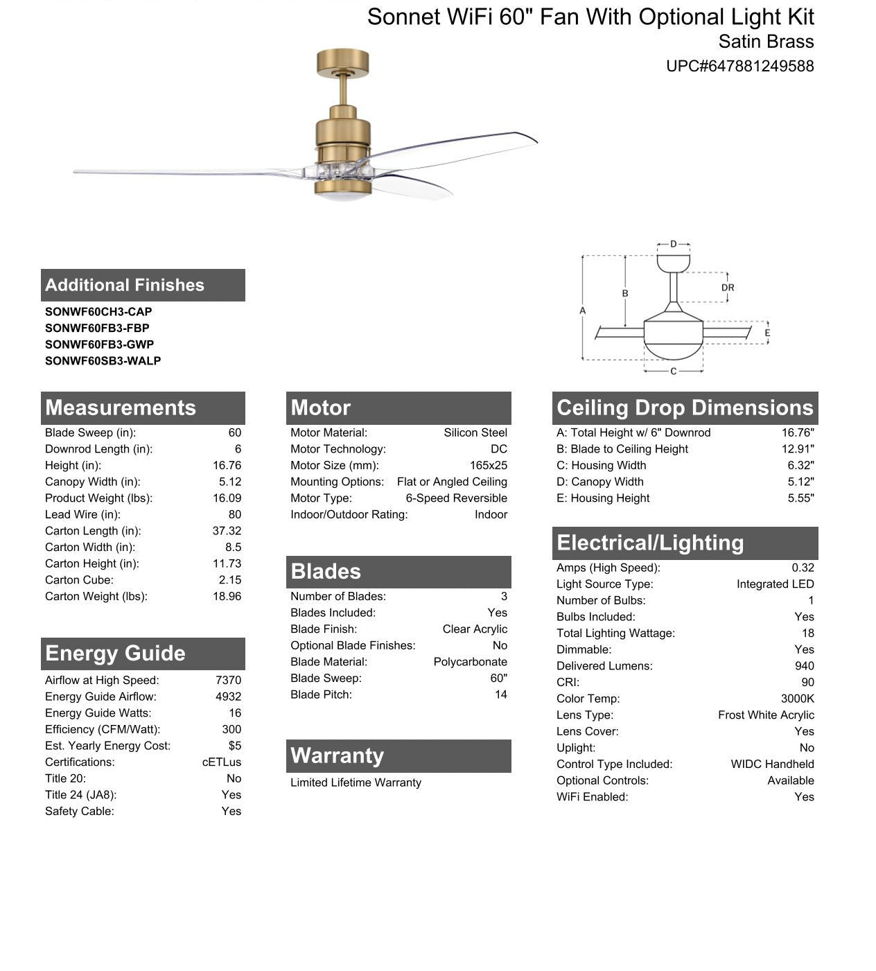 ##Antique Hardware## 60" Sonnet WiFi in Satin Brass w/ Clear Acrylic Blades