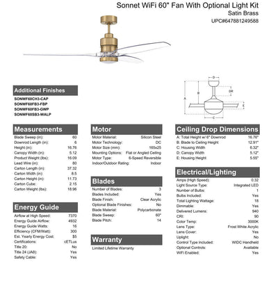 ##Antique Hardware## 60" Sonnet WiFi in Satin Brass w/ Clear Acrylic Blades