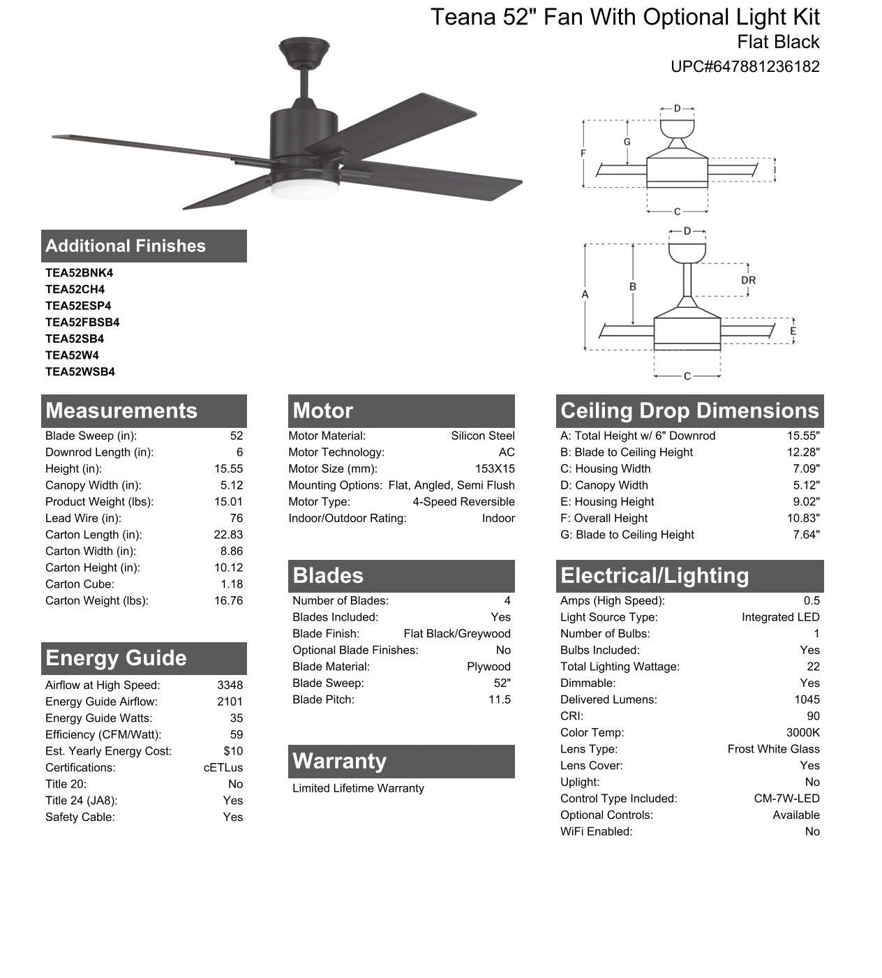 Antique Hardware 52" Teana in Flat Black  w/ Flat Black/Greywood Blades Ceiling Fan