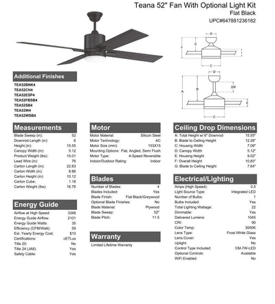 Antique Hardware 52" Teana in Flat Black  w/ Flat Black/Greywood Blades Ceiling Fan