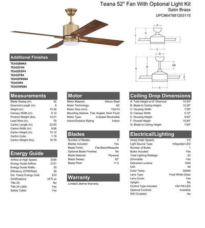 Antique Hardware 52" Teana in Satin Brass w/ Flat Black/Mesquite Blades Ceiling Fan