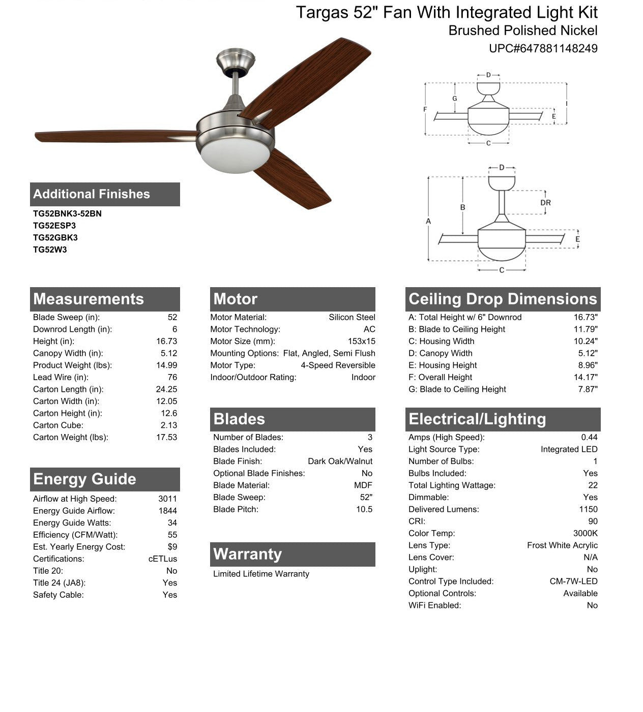 ##Antique Hardware## 52" Targas in Brushed Polished Nickel w/ Dark Oak/Walnut Blades