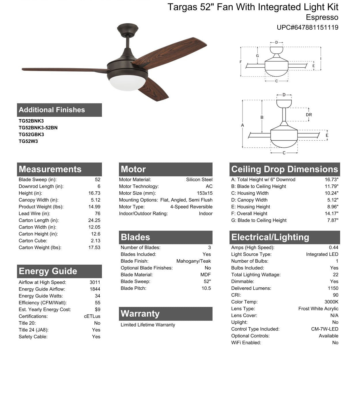 Antique Hardware 52" Targas in Espresso w/ Mahogany/Teak Blades Ceiling Fan