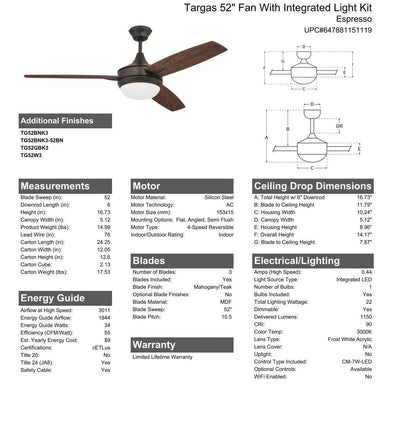 Antique Hardware 52" Targas in Espresso w/ Mahogany/Teak Blades Ceiling Fan