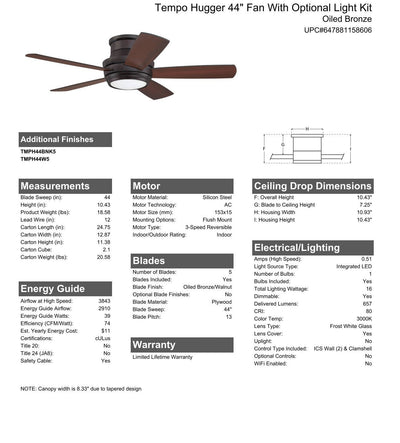 Antique Hardware 44" Tempo Hugger in Oiled Bronze w/ Oiled Bronze/Walnut Blades Ceiling Fan