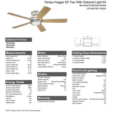 ##Antique Hardware## 52" Tempo Hugger in Brushed Polished Nickel w/ Brushed Nickel/Maple Blades