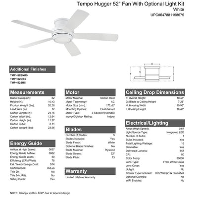 Antique Hardware 52" Tempo Hugger in White w/ White Blades Ceiling Fan